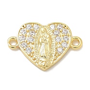 Rack Plating Brass Micro Pave Clear Cubic Zirconia Religion Heart Virgin Mary Connector Charms, Long-Lasting Plated, Lead Free & Cadmium Free, Real 18K Gold Plated, 11.5x17.5x2.5mm, Hole: 1.6mm(KK-L224-099G-05)