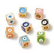Brass Enamel European Beads, Large Hole Beads, Real 18K Gold Plated, Cube with Evil Eye, Mixed Color, 8x8x8mm, Hole: 4.5mm(KK-R162-056G)