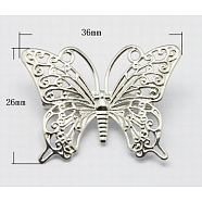 Brass Brooches, with Iron Pin, Butterfly, Platinum, 36x26mm(X-KK-B765-N)