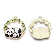 Alloy Enamel Pendants, Flat Round with Panda Charm, Real 14K Golden Plated, White, 28x25x1.5mm, Hole: 1.8mm(ENAM-D047-01G-04)
