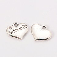Wedding Theme Antique Silver Tone Tibetan Style Heart with Bride to Be Rhinestone Charms, Cadmium Free & Lead Free, Crystal, 14x16x3mm, Hole: 2mm(TIBEP-N005-10A)