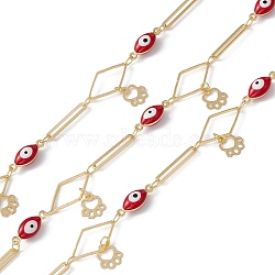 Enamel Horse Eye & Oval & Rhombus Link Chains, with Brass Paw Print Chamrs, Real 18K Gold Plated, Soldered, with Spools, FireBrick, 15x2.5x0.7mm, 16x9x0.9mm, 13x5x4.3mm(CHC-C003-27G-02)
