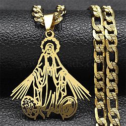 304 Stainless Steel Hollow Virgin Mary Pendant Figaro Chain Necklaces, Golden, 21.46 inch(54.5cm)(STAS-D196-08G)