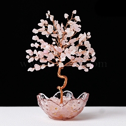 Natural Rose Quartz Chips Tree of Life Decorations, Glass Base with Copper Wire, Feng Shui Energy Stone Gift for Home Office Desktop Decoration, 170~180x80mm(PW-WGCA097-01)