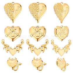 12Pcs 4 Style 304 Stainless Steel Pendants, Evil Heart & Locked Heart, Real 18K Gold Plated, 18.5~28x20~30x2.5~3.5mm, Hole: 1.6~2mm, 3pcs/style(STAS-BBC0001-60)