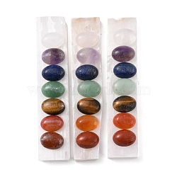 Chakra Natural Selenite Display Decorations, with Natural Gemstone Oval Cabochons, Rectangle, 111x23x6.5~13mm(G-G973-10)