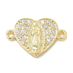 Rack Plating Brass Micro Pave Clear Cubic Zirconia Religion Heart Virgin Mary Connector Charms, Long-Lasting Plated, Lead Free & Cadmium Free, Real 18K Gold Plated, 11.5x17.5x2.5mm, Hole: 1.6mm(KK-L224-099G-05)