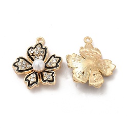 Alloy Enamel Pendants, with Crystal Rhinestone & Plastic Imitation Pearl, Flower Charm, Light Gold, 23x20x6mm, Hole: 1.4mm(FIND-G048-17KCG)