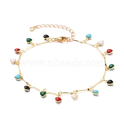 Brass Enamel Charm Anklets, with Bar Link Chains and 304 Stainless Steel Lobster Claw Clasps, Heart, Golden, Colorful, 9-1/4 inch(23.6cm)(X-AJEW-AN00348)