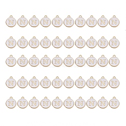 Golden Plated Alloy Charms, with Enamel, Enamelled Sequins, Flat Round, White, Letter.N, 14x12x2mm, Hole: 1.5mm, 50pcs/Box(ENAM-SZ0001-25A-N)