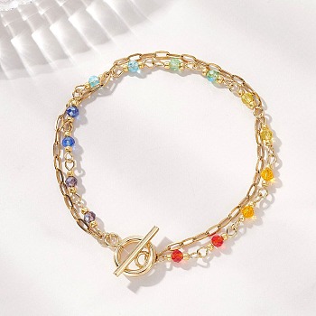 304 Stainless Steel Paperclip Chain & Glass Beads Link Chain Multi-strand Bracelets for Women, with 304 Stainless Steel Toggle Clasps, Golden, 7.48 inch(19cm)