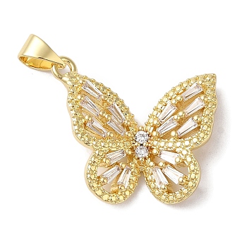 Rack Plating Brass & Cubic Zirconia Pendants, Cadmium Free & Lead Free, Long-Lasting Plated, Real 18K Gold Plated, Butterfly, Clear, 20x22x3mm, Hole: 5x4mm