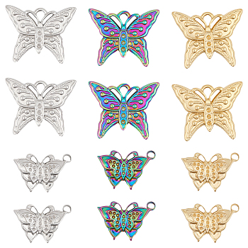 12Pcs 6 Styles 304 Stainless Steel Pendant Rhinestone Settings, Butterfly, Mixed Color, Fit For 0.8~1.2mm Rhinestone, 13.5~20x20~24.5x2~3mm, Hole: 2x3mm, 2pcs/color