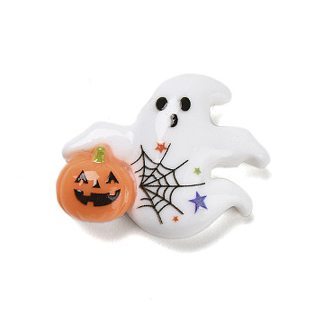 Hallowmas Opaque Resin Decoden Cabochons, Ghost with Pumpkin, White, 21x27x7.5mm