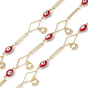 Enamel Horse Eye & Oval & Rhombus Link Chains, with Brass Paw Print Chamrs, Real 18K Gold Plated, Soldered, with Spools, FireBrick, 15x2.5x0.7mm, 16x9x0.9mm, 13x5x4.3mm