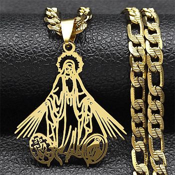 304 Stainless Steel Hollow Virgin Mary Pendant Figaro Chain Necklaces, Golden, 21.46 inch(54.5cm)