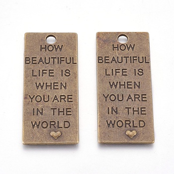 Alloy Pendants, Dog Tags, Lead Free and Cadmium Free, Rectangle, Antique Bronze Color, 53mm long, 22.5mm wide, 1mm thick, hole: 4mm
