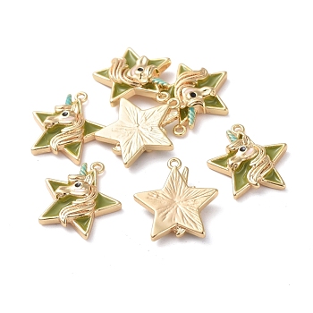 Brass Pendants, with Enamel, Star with Unicorn, Real 18K Gold Plated, Olive, 15.3x14x3.4mm, Hole: 1mm