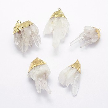 Natural Druzy Quartz Crystal Pendants, with Brass Finding, Golden, Nuggets, White, 38~60x25~35x14~25mm, Hole: 5x8mm