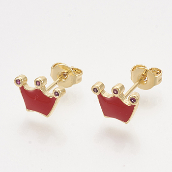 Brass Cubic Zirconia Stud Earrings, with Enamel and Ear Nuts, Crown, Golden, Red, 7x9.5mm, Pin: 0.7mm