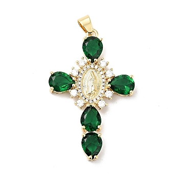 Rack Plating Brass Micro Pave Cubic Zirconia Pendants, Cadmium Free & Lead Free, Real 18K Gold Plated, Cross with Saint, Green, 45.5x29x6mm, Hole: 4x6mm