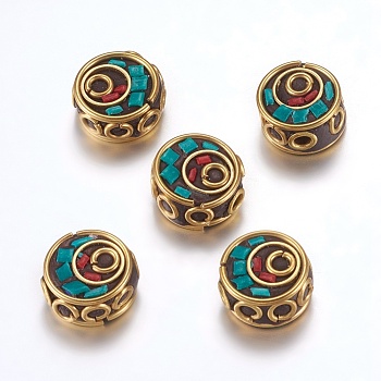 Handmade Indonesia Beads, with Brass Findings, Nickel Free, Flat Round, Unplated, Green, 12~13x6~7.5mm, Hole: 2mm