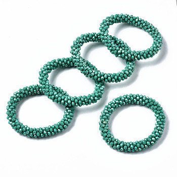Faceted Opaque Glass Beads Stretch Bracelets, Rainbow Plated, Rondelle, Dark Cyan, Inner Diameter: 2 inch(5cm)