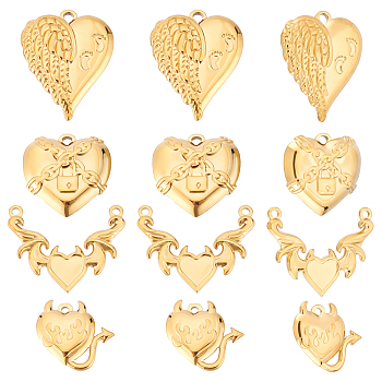 12Pcs 4 Style 304 Stainless Steel Pendants, Evil Heart & Locked Heart, Real 18K Gold Plated, 18.5~28x20~30x2.5~3.5mm, Hole: 1.6~2mm, 3pcs/style