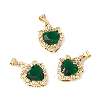 Brass Micro Pave Green Cubic Zirconia Pendants, Cadmium Free & Lead Free, Heart, Real 18K Gold Plated, 21x16x7mm, Hole: 3x4mm