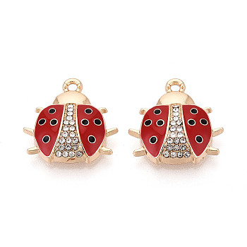 Rack Plating Alloy & Rhinestone & Enamel Pendants, Ladybug Charms, Cadmium Free & Nickel Free & Lead Free, Golden, Dark Red, 18x18x4.5mm, Hole: 1.5mm