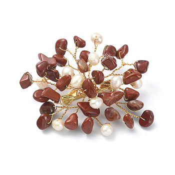 Natural Red Jasper Chips & Pearl Beaded Flower Brooch Pin, Golden 304 Stainless Steel Wire Wrap Lapel Pin for Women, 45~55x55~60x10mm