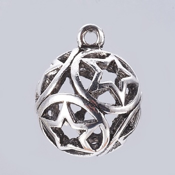 Tibetan Style Alloy Pendants, Round with Star, Antique Silver, 30.5x25mm, Hole: 3mm