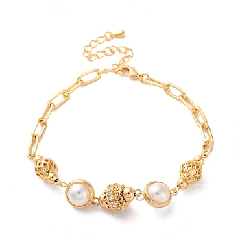 Brass Micro Pave Cubic Zirconia Link Bracelets, Cable Chains Bracelets for Women,  with ABS Plastic Imitation Pearl, Real 18K Gold Plated, 7-1/4 inch(18.5cm)