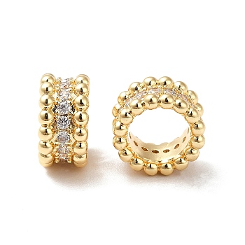 Brass Micro Pave Cubic Zirconia Large Hole Beads, Real 18K Gold Plated, Column, Clear, 10x5.5mm, Hole: 6.5mm