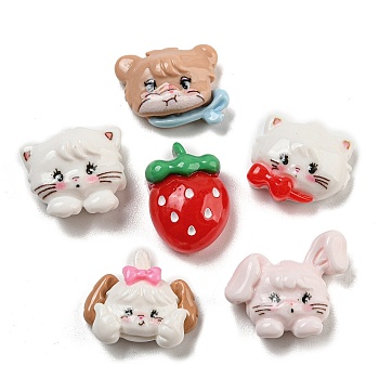 Opaque Resin Decoden Cabochons, Cat Shape & Rabbit & Strawberry, Mixed Shapes, Mixed Color, 11~14.5x10~16.5x5.5~6mm