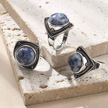 Natural Blue Spot Jasper Adjustable Rings, Antique Silver Tone Brass Finger Rings, Rhombus, 22mm, Inner Diameter: 18mm