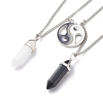 2Pcs 2 Style Natural White Jade & Black Obsidian Bullet Pendant Necklaces Set, Alloy Enamel Yin Yang Matching Couple Necklaces for Men Women, 17.87 inch(45.4cm), 1Pc/style