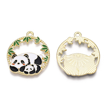 Alloy Enamel Pendants, Flat Round with Panda Charm, Real 14K Golden Plated, White, 28x25x1.5mm, Hole: 1.8mm