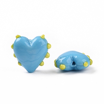 Handmade Lampwork Beads, Bumpy, Heart, Deep Sky Blue, 15.5x17x8mm, Hole: 1.4~1.6mm