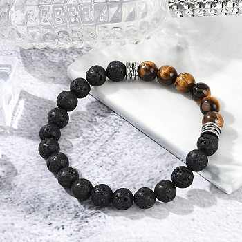 Natural Lava Rock & Tiger Eye Beaded Stretch Bracelets for Women Men, with 304 Stainless Steel Beads, Inner Diameter: 2-1/8 inch(5.3cm)