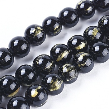Natural Jade Beads Strands, with Gold Foil, Dyed, Round, Black, 6mm, Hole: 1mm, about 70pcs/strand, 15.75 inch(40cm)