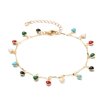 Brass Enamel Charm Anklets, with Bar Link Chains and 304 Stainless Steel Lobster Claw Clasps, Heart, Golden, Colorful, 9-1/4 inch(23.6cm)
