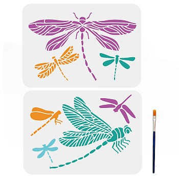 US 1 Set PET Hollow Out Drawing Painting Stencils, for DIY Scrapbook, Photo Album, with 1Pc Art Paint Brushes, Dragonfly, 297x210mm, 2pcs/set