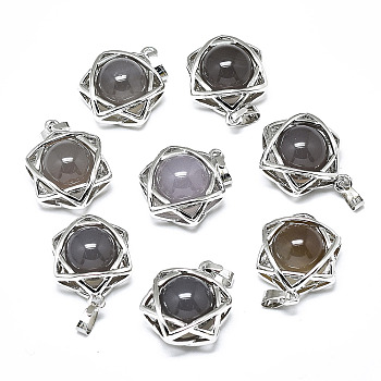 Natural Grey Agate Pendants, with Platinum Plated Brass Findings, Star of David, 19x15x10.5mm, Hole: 2.5x4.5mm