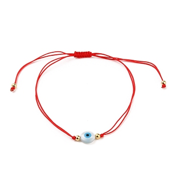 Adjustable Nylon Cord Braided Bead Bracelets, Red String Bracelets, with Round Brass Beads, Natural White Shell Beads and Synthetic Turquoise, Evil Eye, Red, 2-1/2~3-7/8 inch(6.4~10.1cm)
