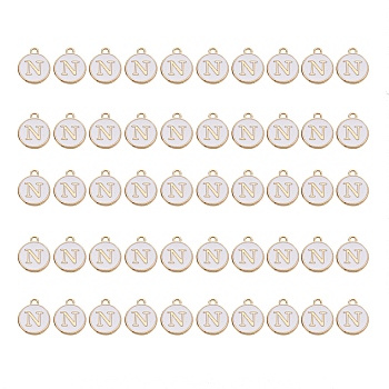 Golden Plated Alloy Charms, with Enamel, Enamelled Sequins, Flat Round, White, Letter.N, 14x12x2mm, Hole: 1.5mm, 50pcs/Box