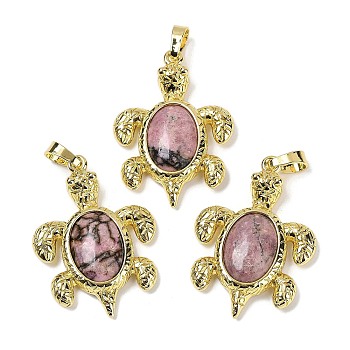 Natural Rhodonite & Brass Pendants, Rack Plating, Cadmium Free & Lead Free, Sea Turtle Shaped, 38x27.5x7mm, Hole: 8x5mm