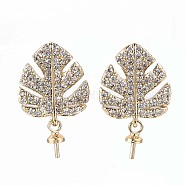 Brass Micro Pave Clear Cubic Zirconia Stud Earring Findings, For Half Drilled Bead, Leaf, Real 18K Gold Plated, 18x11mm, Pin: 0.8mm, pin: 0.6mm(for Half Drilled Bead).(X-KK-Q764-033)
