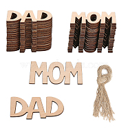 Unfinished Wooden Hanging Tags, with Jute Twine, Letter MOM & DAD, for Father's Day & Mother's Day, BurlyWood, Tag: 2.25x5.2x0.25cm & 2.2x5.25x0.3cm, 30pcs/set(AJEW-WH0401-59)
