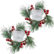 2Pcs Glass Candle Cups, 2Pcs Simulation Red Berry Snowy Pine Needles Candle Candle Ring Artificial Greenery Wreath, for Christmas Table Party Home Decor, Mixed Color, Candle Cup: 62x46mm, Wreath: 150x150x65mm(AJEW-GF0007-25)
